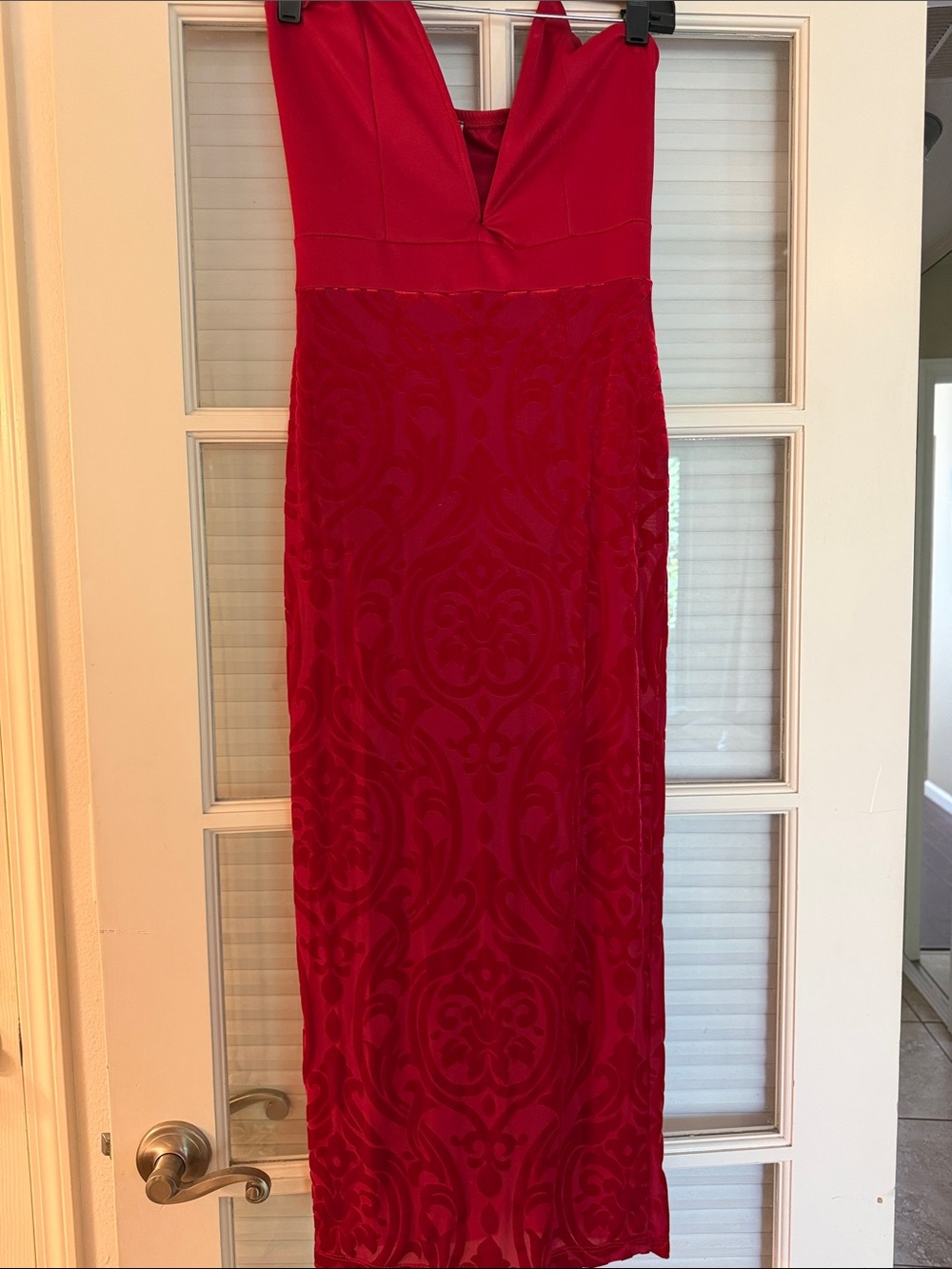 Auditions Red V-Neck Maxi Dress with Patterned Skirt